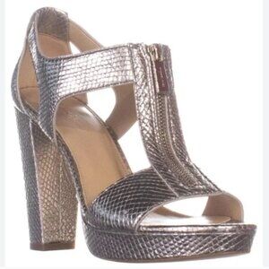 Michael Kors Women 8.5 Berkley Gold Leather T-Strap Zipper Platform Sandal Heels